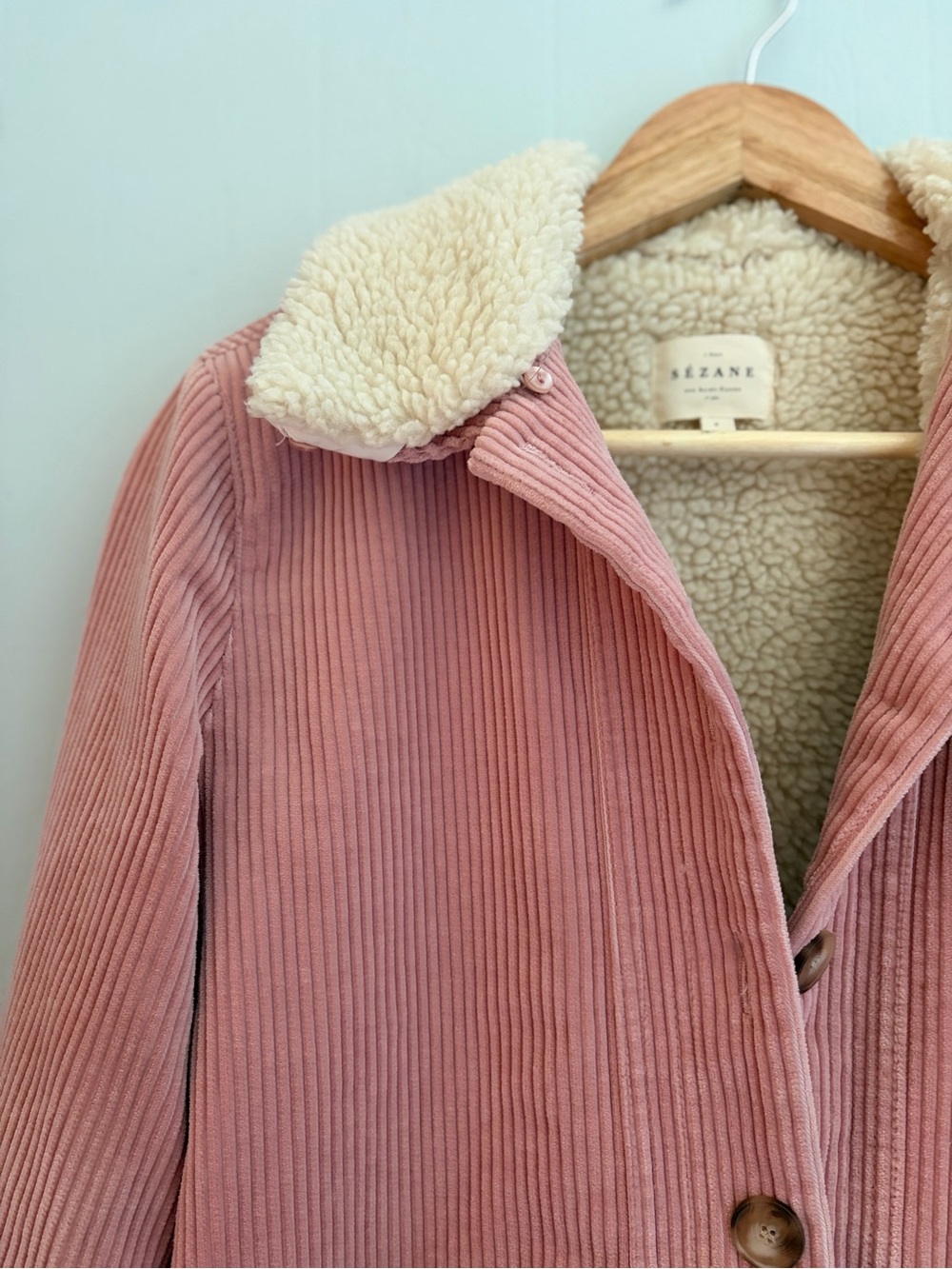 Sezane Will Jacket Womens Small Pink Corduroy Shearling Collar Coat - Picture 3 of 16